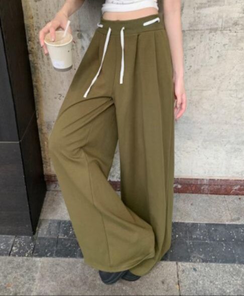 レディースワイドパンツ ハイウエスト紐付きワイドパンツ ゆったり美脚ボトムス