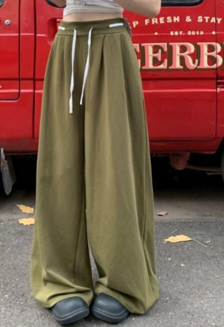 レディースワイドパンツ ハイウエスト紐付きワイドパンツ ゆったり美脚ボトムス