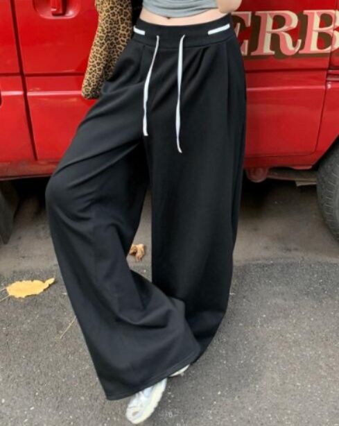 レディースワイドパンツ ハイウエスト紐付きワイドパンツ ゆったり美脚ボトムス