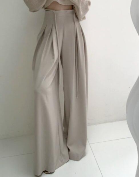 レディースワイドパンツ レディース ハイウエスト ワイドパンツ リボン付きスラックス