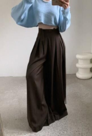 レディースワイドパンツ レディース ハイウエスト ワイドパンツ リボン付きスラックス