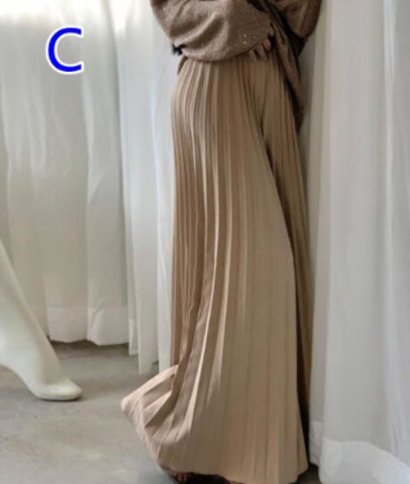 レディースワイドパンツ 女性用プリーツワイドパンツ ベージュ ロング丈スカートパンツ