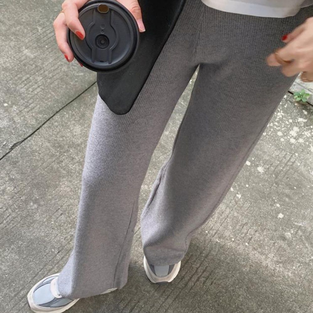 レディースワイドパンツ ケーブル編みニットワイドパンツ 韓国風ロング丈