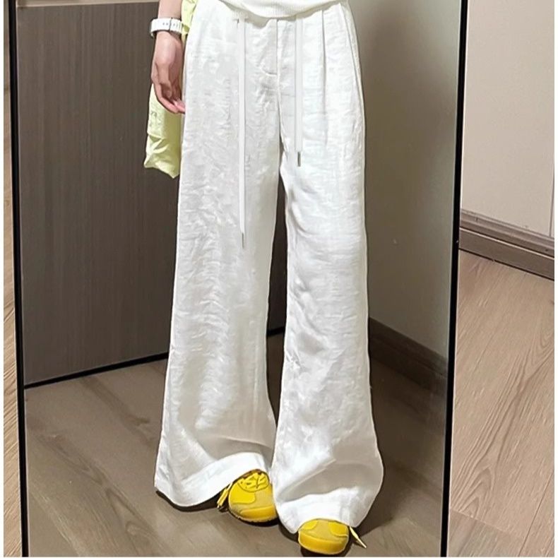 レディースワイドパンツ リネン素材高腰紐付きゆったりワイドパンツ