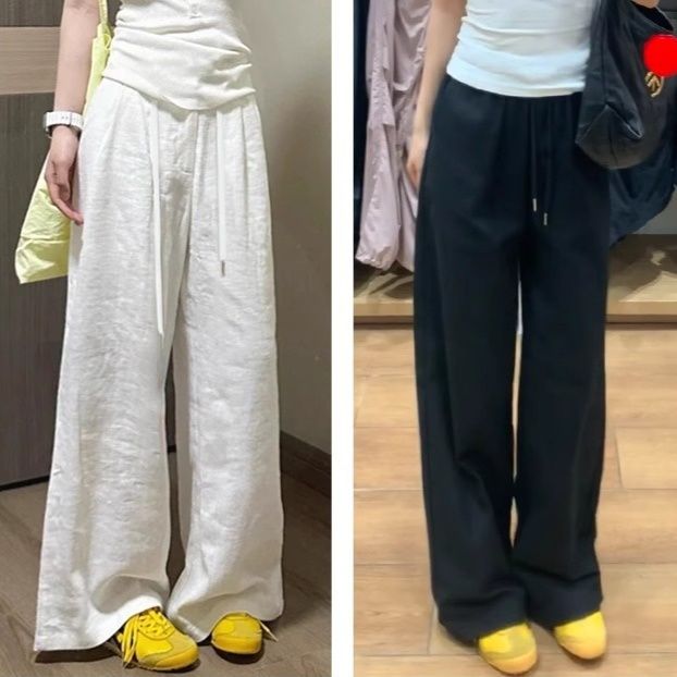 レディースワイドパンツ リネン素材高腰紐付きゆったりワイドパンツ