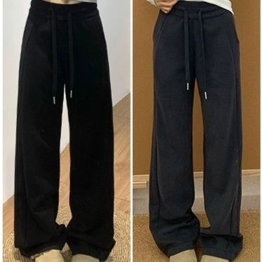 レディースワイドパンツ 裏起毛ゆったりシルエット紐付きワイドパンツ