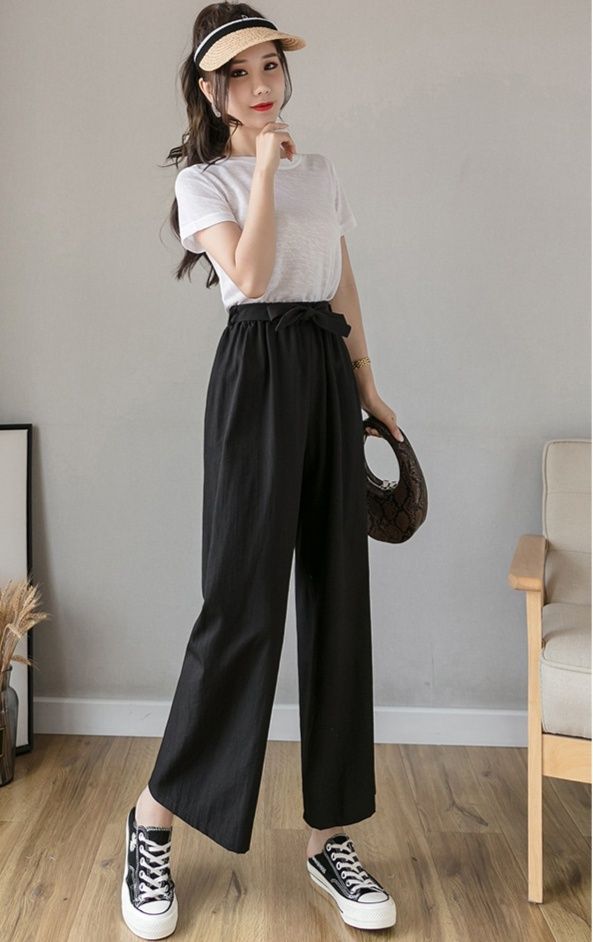 レディースワイドパンツ 大人可愛い綿麻ワイドパンツ リボン付き大きいサイズ対応