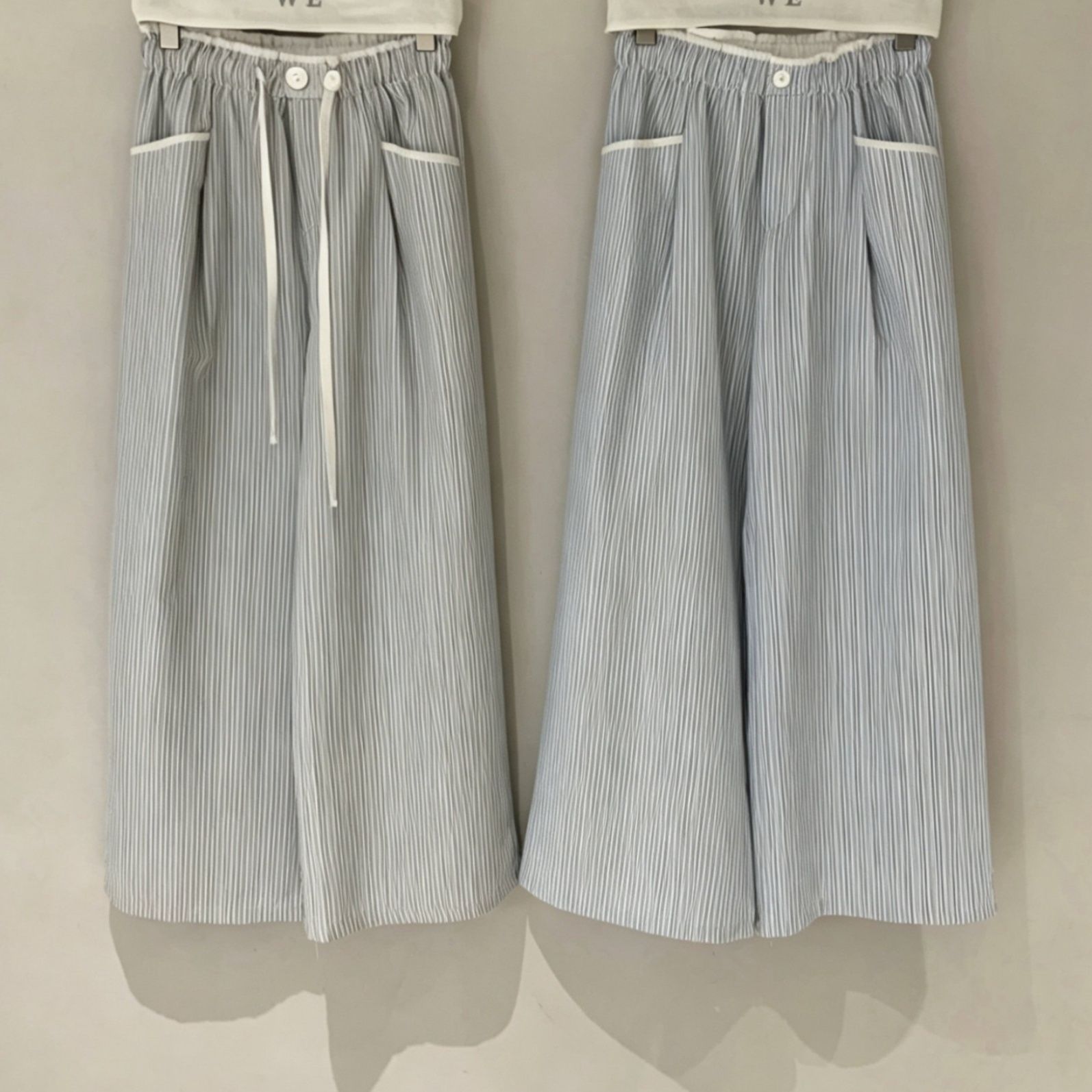 レディースワイドパンツ ストライプ柄ゴムウエストワイドチノパンツ