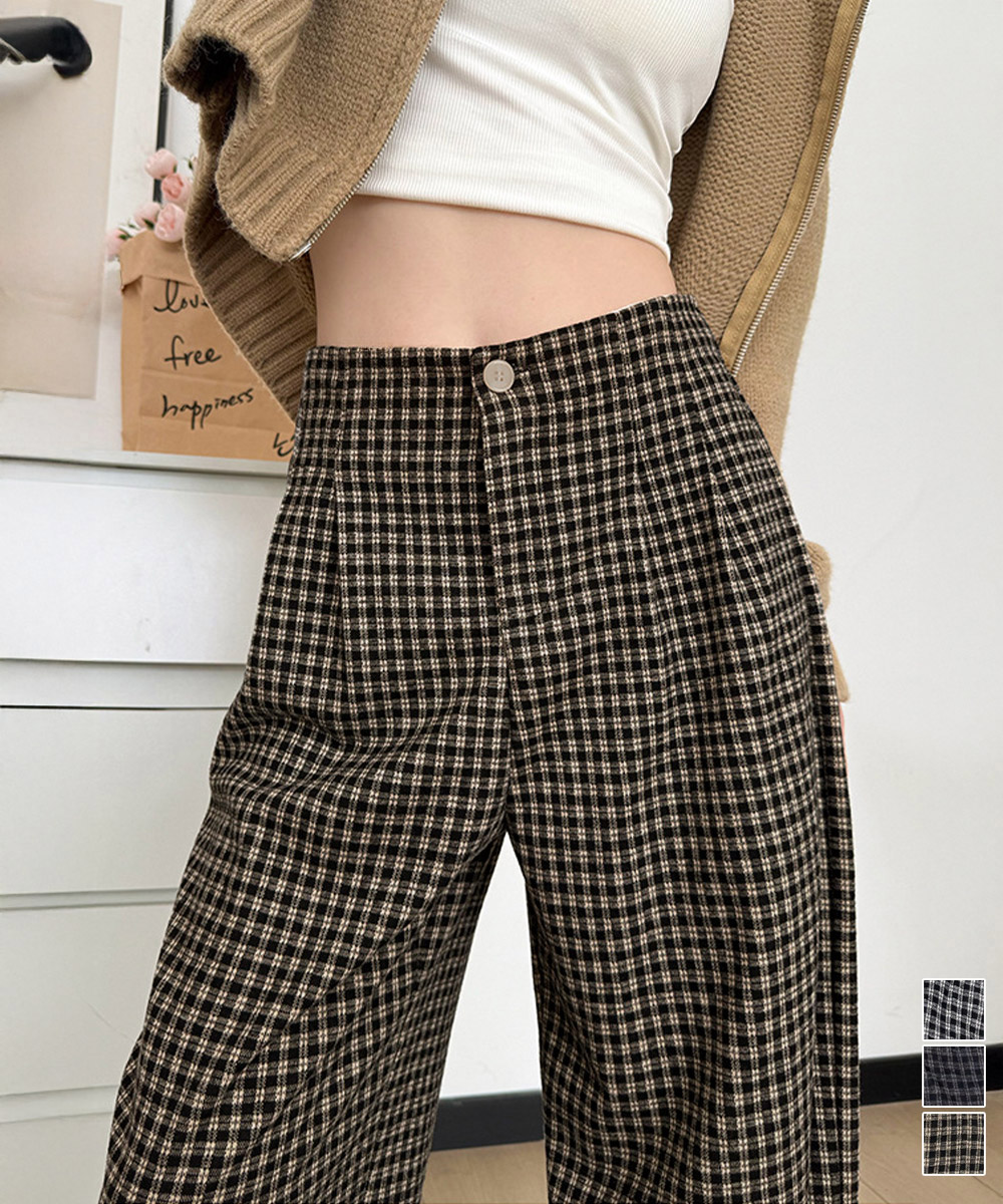 レディースワイドパンツ チェック柄ハイウエストワイドパンツ秋冬