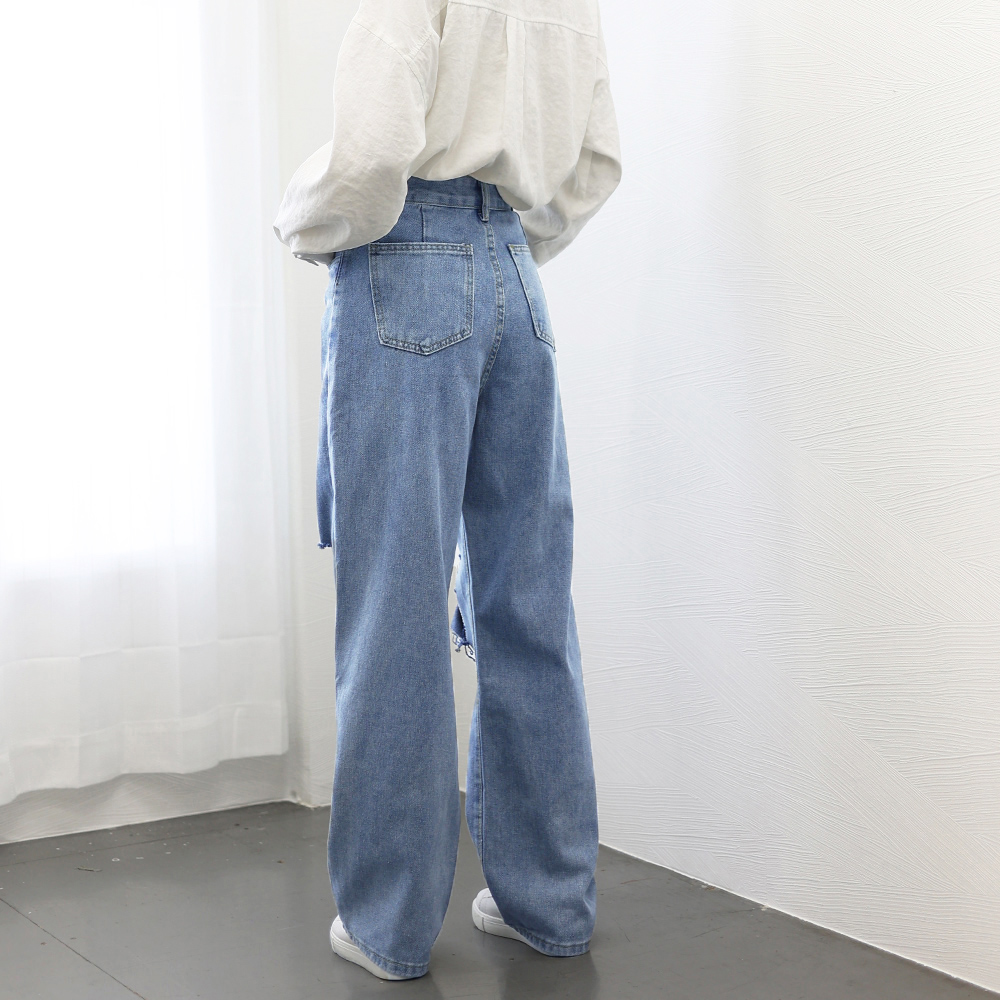レディースワイドパンツ ハイウエスト美脚 ダメージデニムワイドパンツ