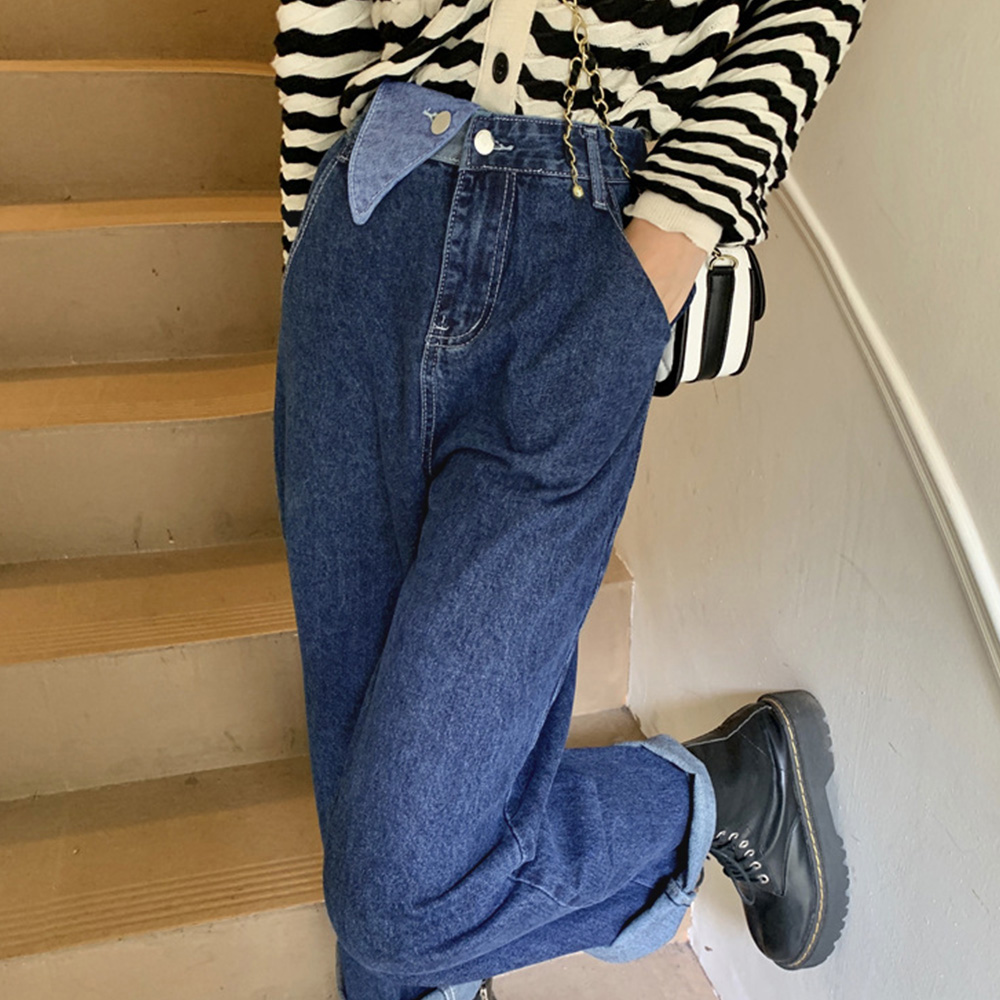 レディースワイドパンツ 折り襟デザイン ハイウエストデニムワイドパンツ