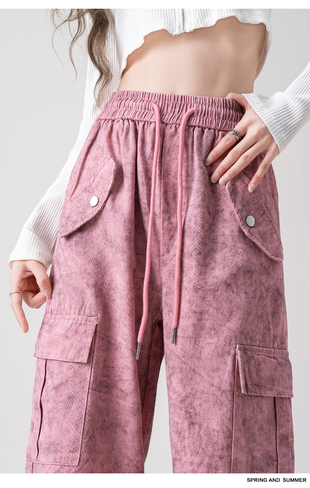 レディースワイドパンツ ウォッシュ加工マルチポケットワイドパンツ