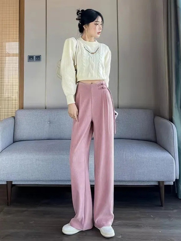 レディースワイドパンツ センタープレス入りハイウエストガウチョパンツ