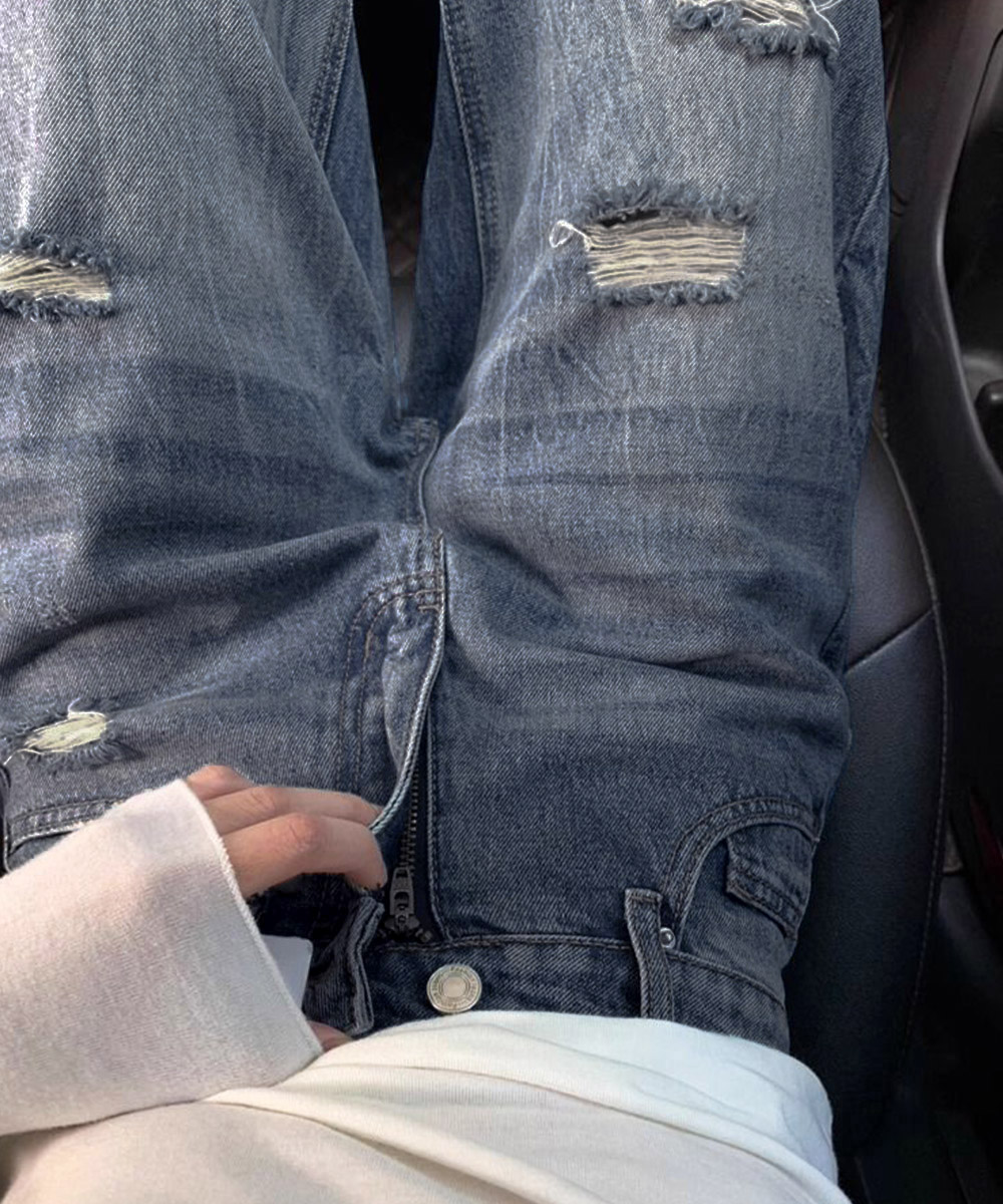レディースワイドパンツ ダメージ加工デニムワイドパンツ ゆったりレッグ