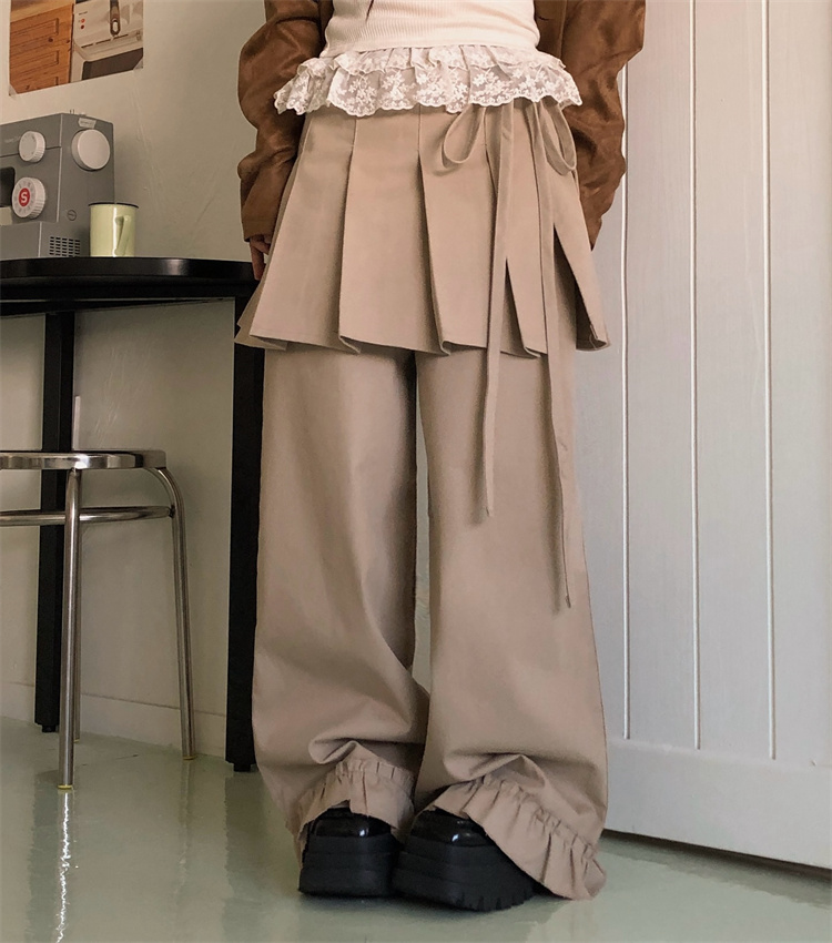 レディースワイドパンツ レトロ非対称スカート付きワイドロングパンツ レディース