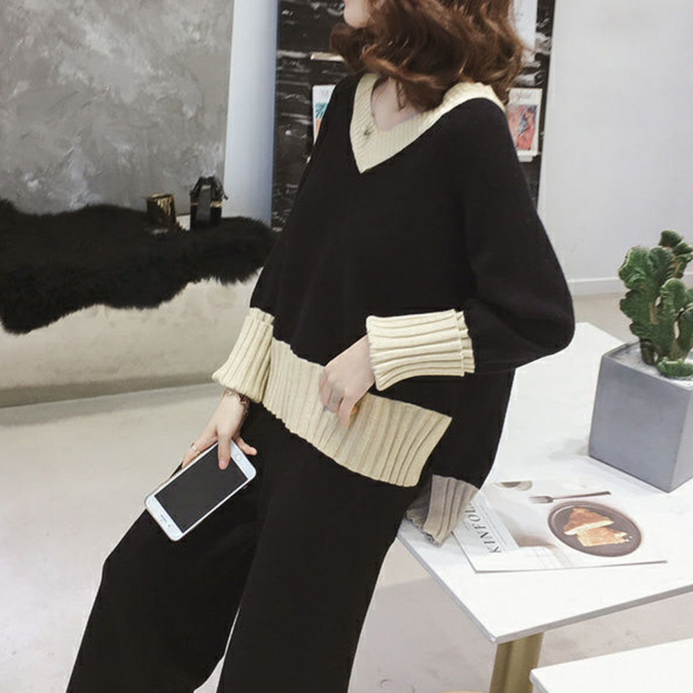 配色ニット上下セット レディースワイドパンツ