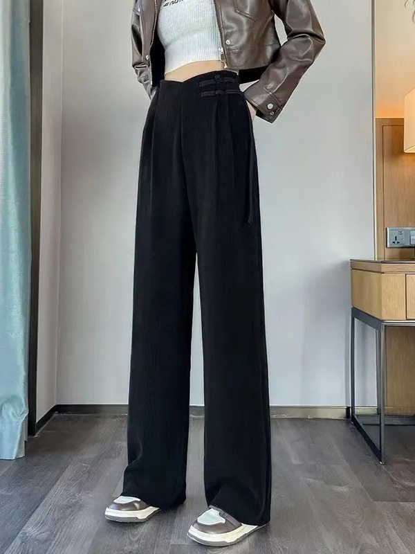 レディースワイドパンツ センタープレス入りハイウエストガウチョパンツ