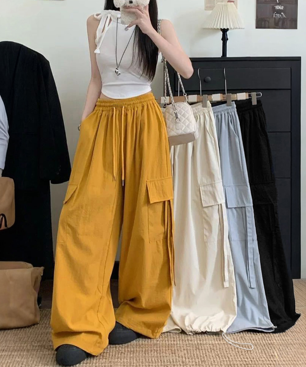 レディースワイドパンツ ハイウエスト カーゴワイドパンツ 軽量 韓国風