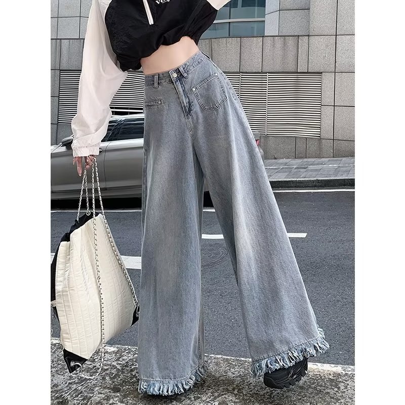 レディースワイドパンツ ハイウエスト裾フリンジデニムワイドパンツ 2色