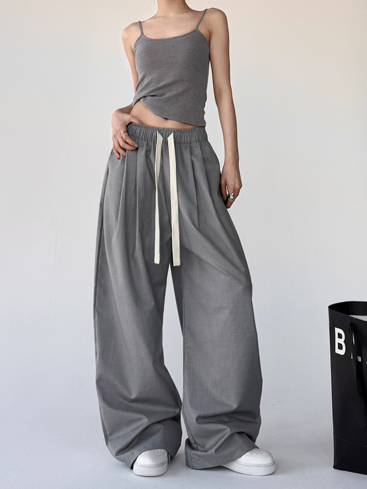 レディースワイドパンツ リボン付きゆったりチノワイドパンツ