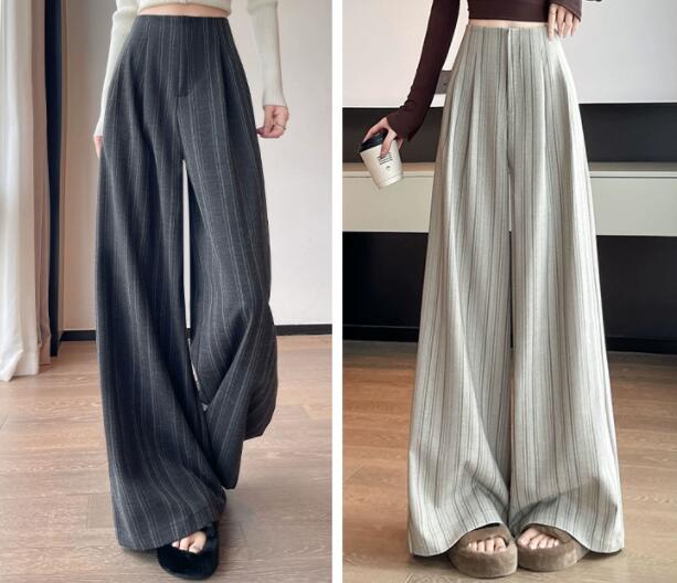 レディースワイドパンツ レディース ストライプ柄ワイドパンツ ゆったりスラックス