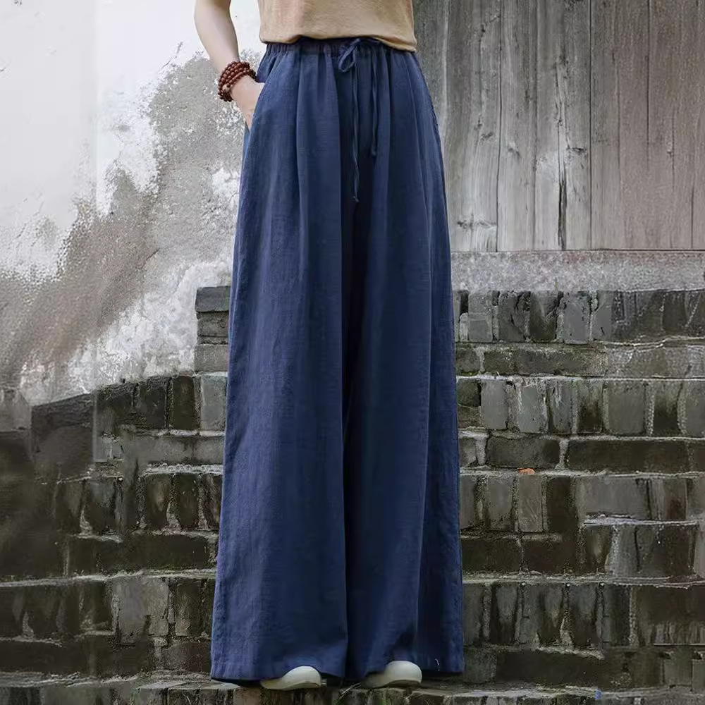 レディースワイドパンツ 風合い豊かな麻混紡ワイドパンツ