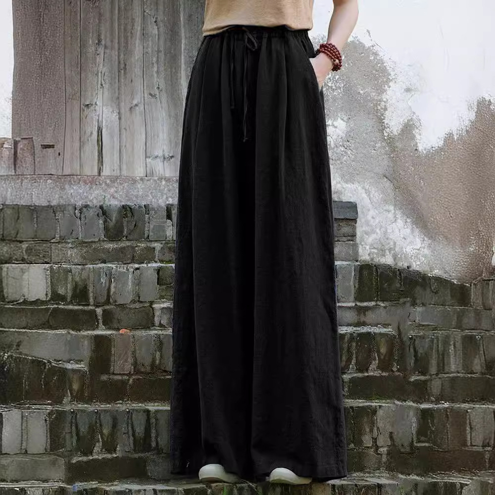 レディースワイドパンツ 風合い豊かな麻混紡ワイドパンツ