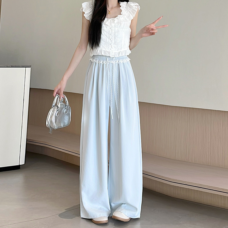 レディースワイドパンツ 優雅なレースリボンハイウエストパンツ