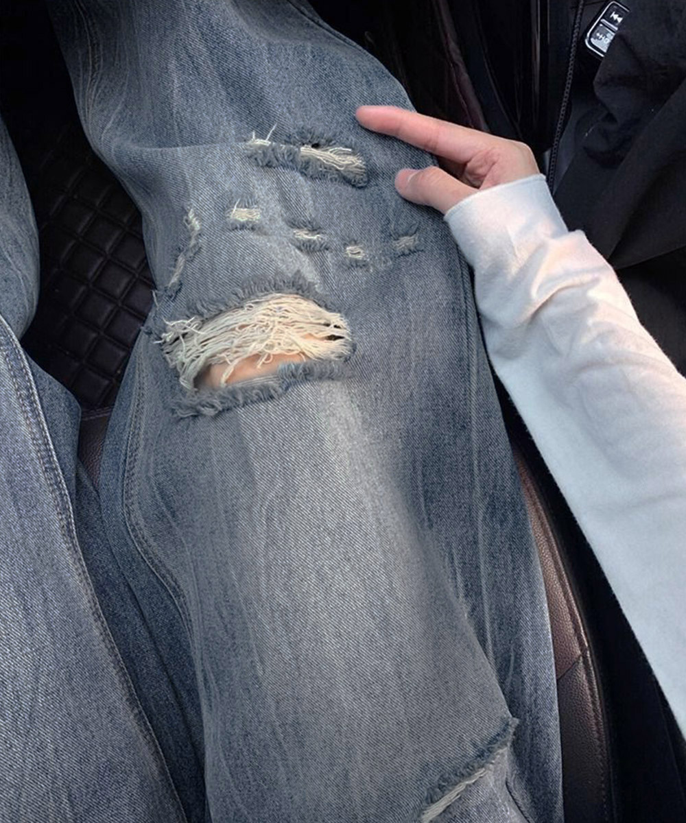 レディースワイドパンツ ダメージ加工デニムワイドパンツ ゆったりレッグ