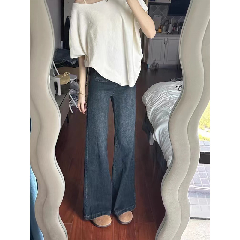 レディースワイドパンツ フロントポケット付きハイウエストフレアデニムパンツ