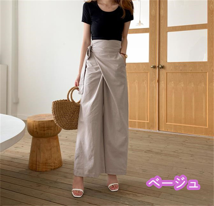レディースワイドパンツ 麻綿混紡 無地ワイドパンツ ウエストゴム仕様 その他