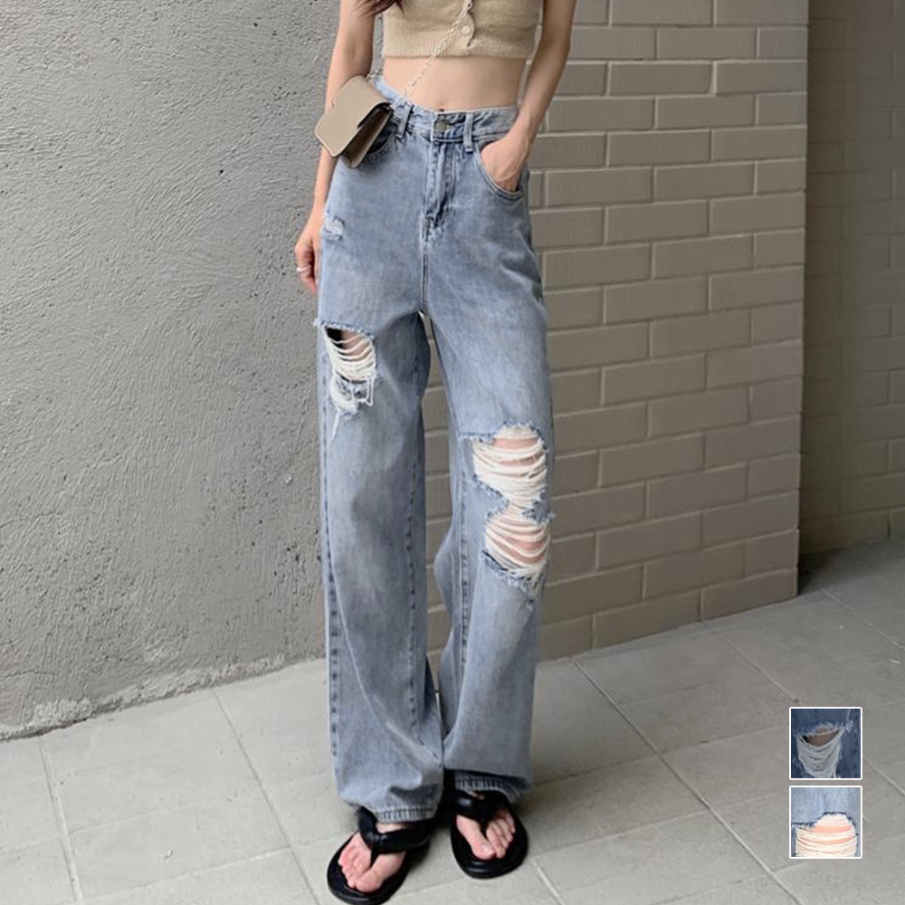レディースワイドパンツ ハイウエストクラッシュデニムワイドパンツ
