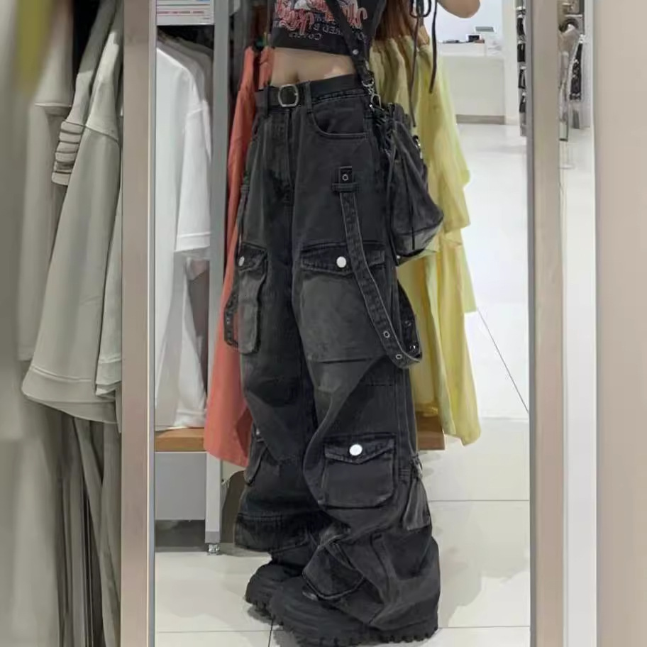 レディースワイドパンツ 多機能ポケット付きカーゴデニムワイドパンツ