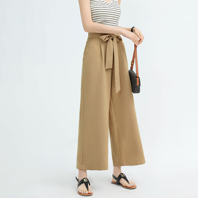 レディースワイドパンツ リボン付ハイウエストガウチョパンツ美脚ワイドボトムス全12色