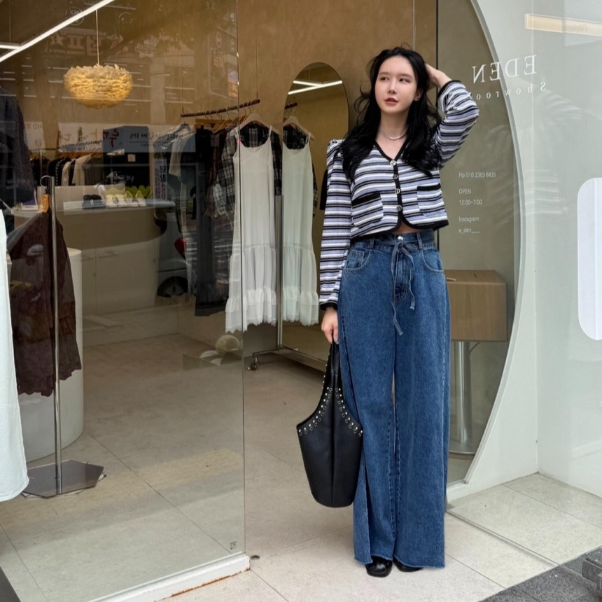 レディースワイドパンツ 上品な大人気質のウエストベルト付きルーズデニムワイドパンツ