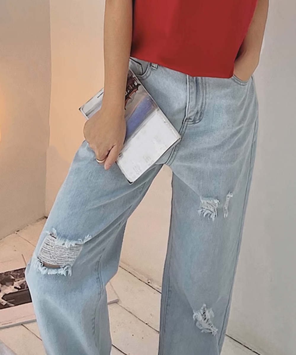 レディースワイドパンツ ハイウエスト ダメージ加工 デニムワイドパンツ