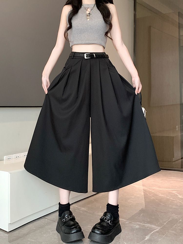 レディースワイドパンツ ベルト付き上品プリーツスカーチョ