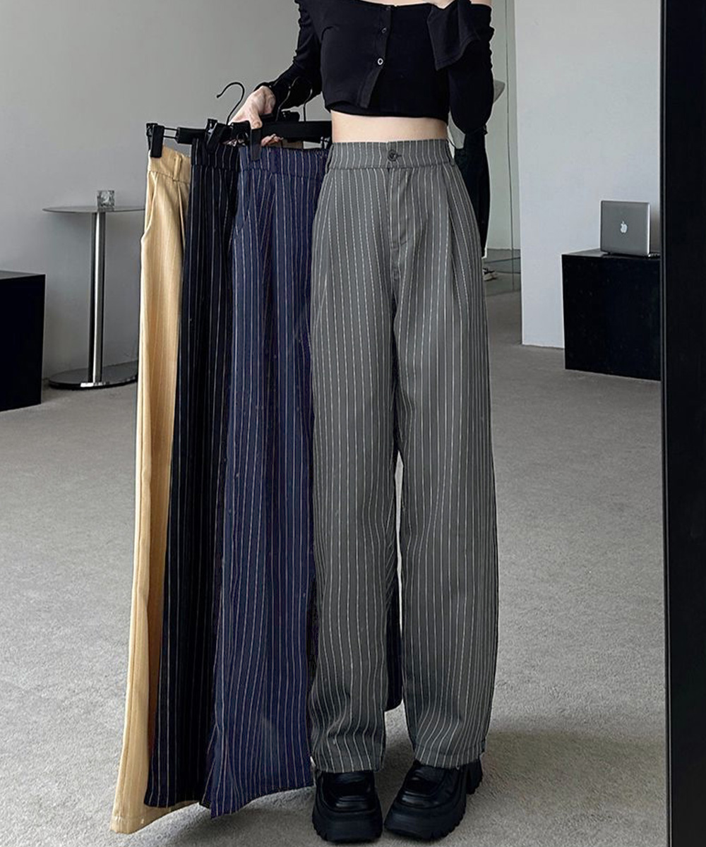 レディースワイドパンツ ストライプワイドパンツ春夏秋ロング美脚レディース