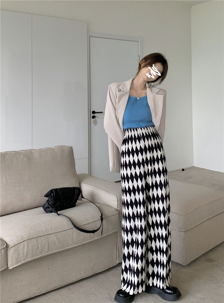 レディースワイドパンツ 話題沸騰チェック柄ハイウエストゆったりロングパンツ