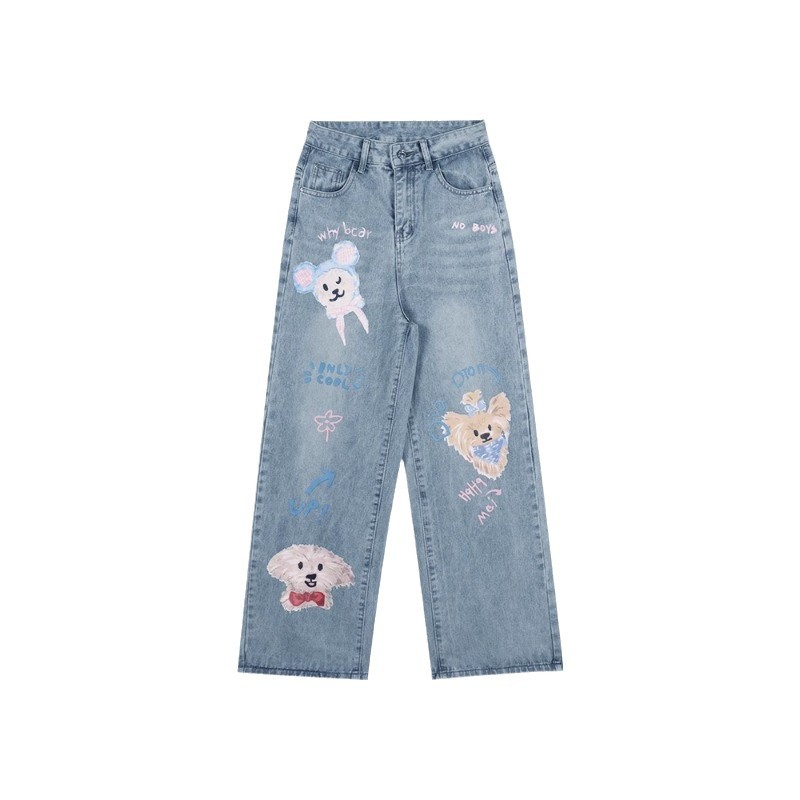 レディースワイドパンツ キュートな動物刺繍入りゆったりワイドデニムパンツ