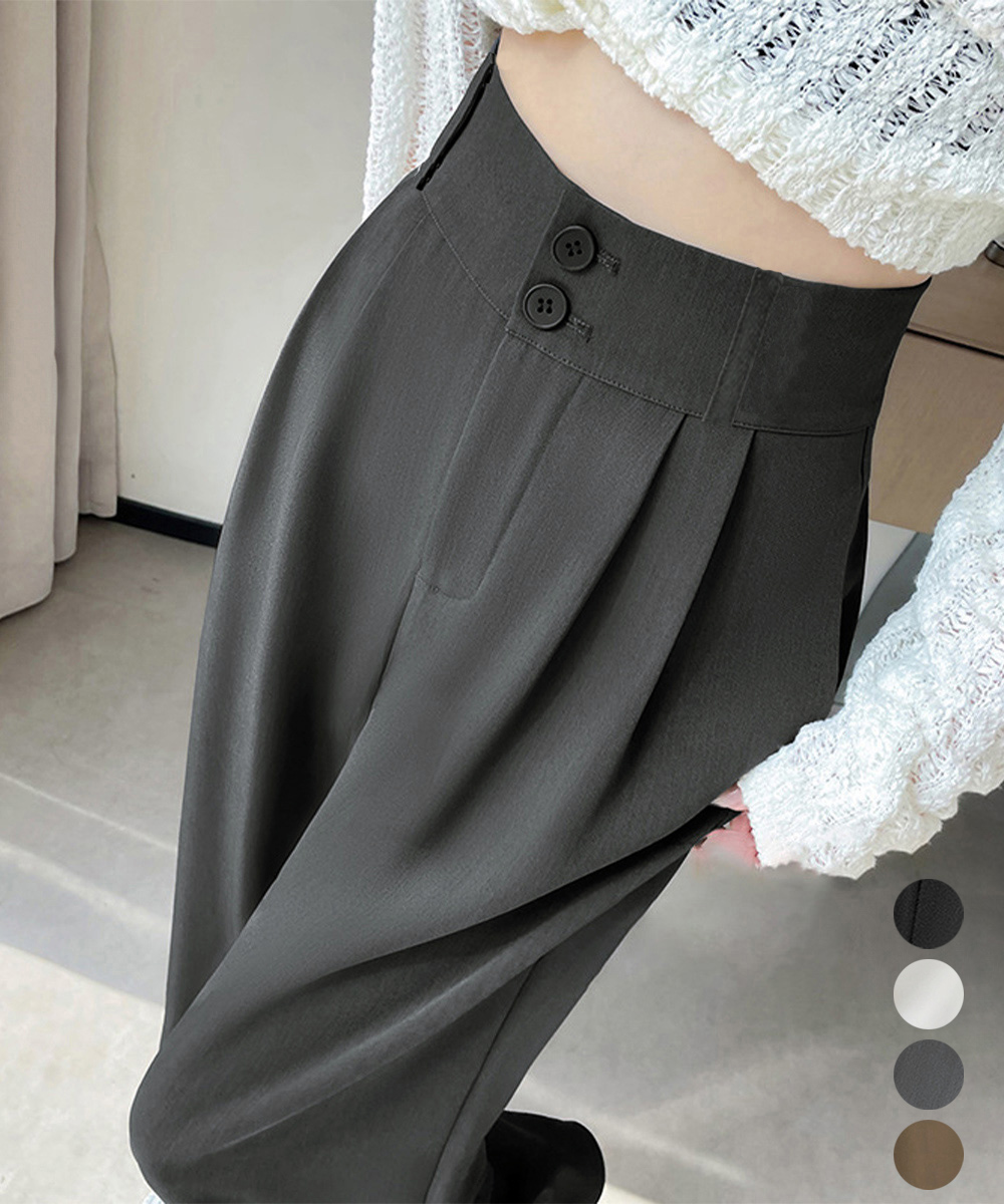 レディースワイドパンツ ハイウエスト タックワイドパンツ ダブルボタン