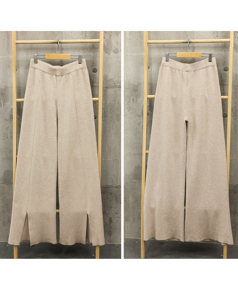 レディースワイドパンツ センタープレス ニットワイドパンツ スリット入り