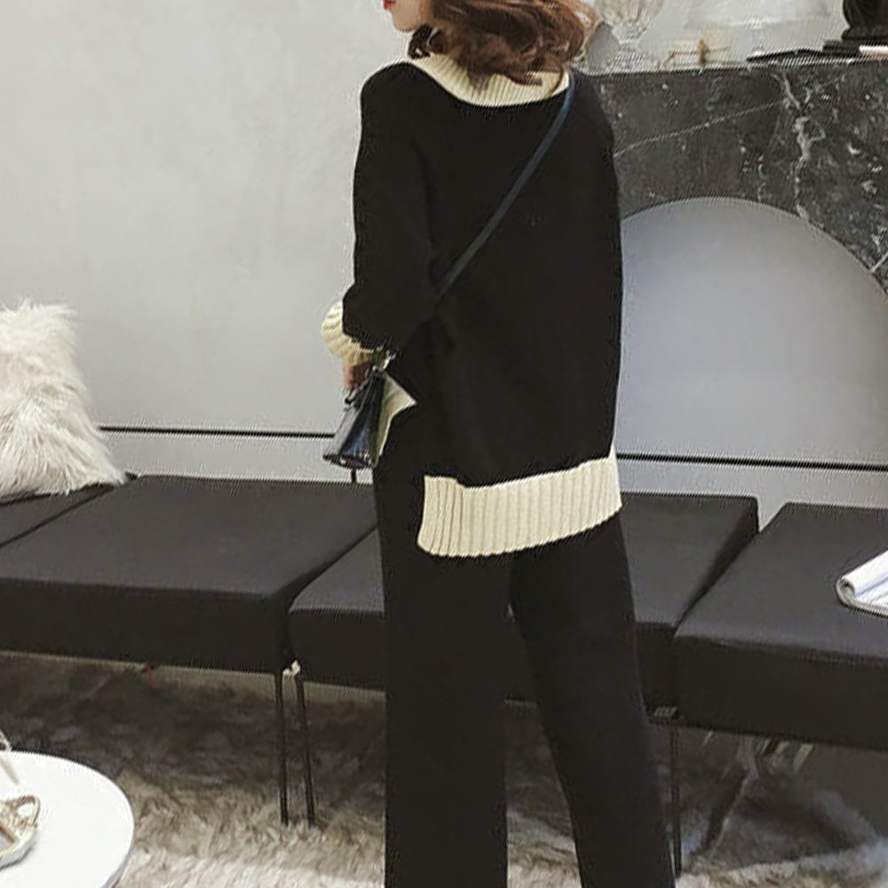 配色ニット上下セット レディースワイドパンツ