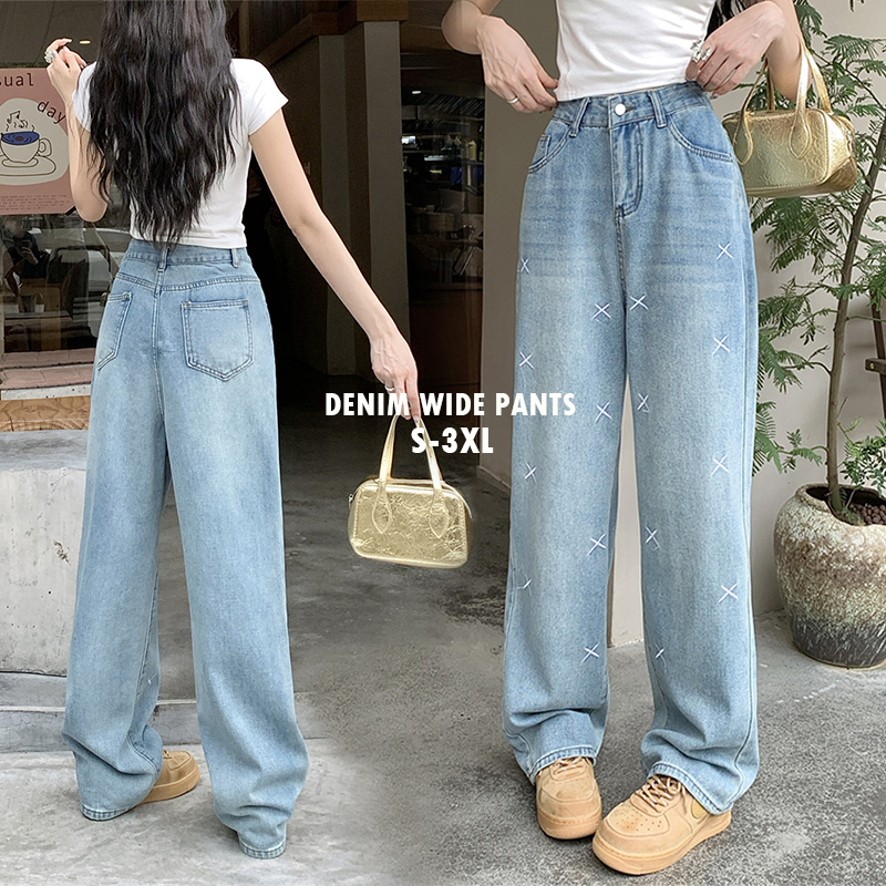 レディースワイドパンツ クロス刺繍デニムワイドパンツ ゆったりシルエット
