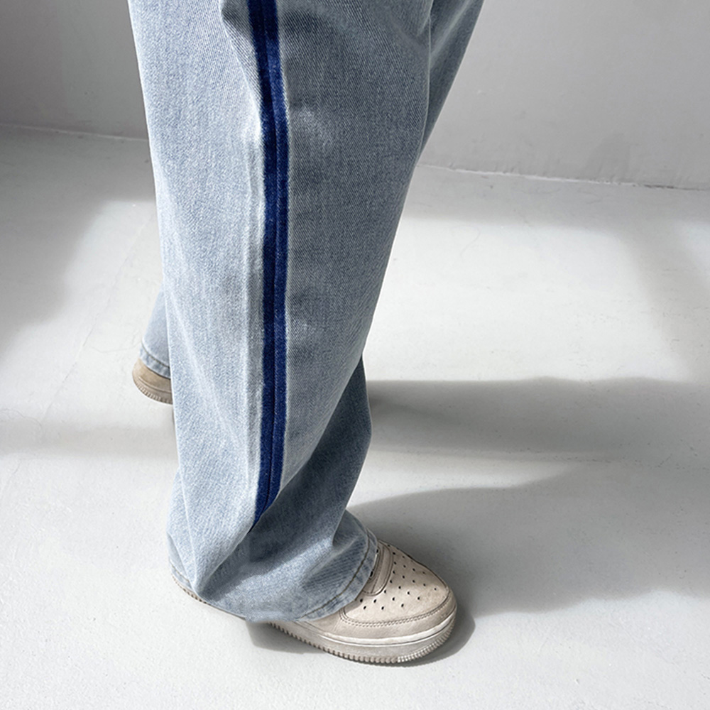レディースワイドパンツ サイドライン デニムワイドパンツ ハイウエスト