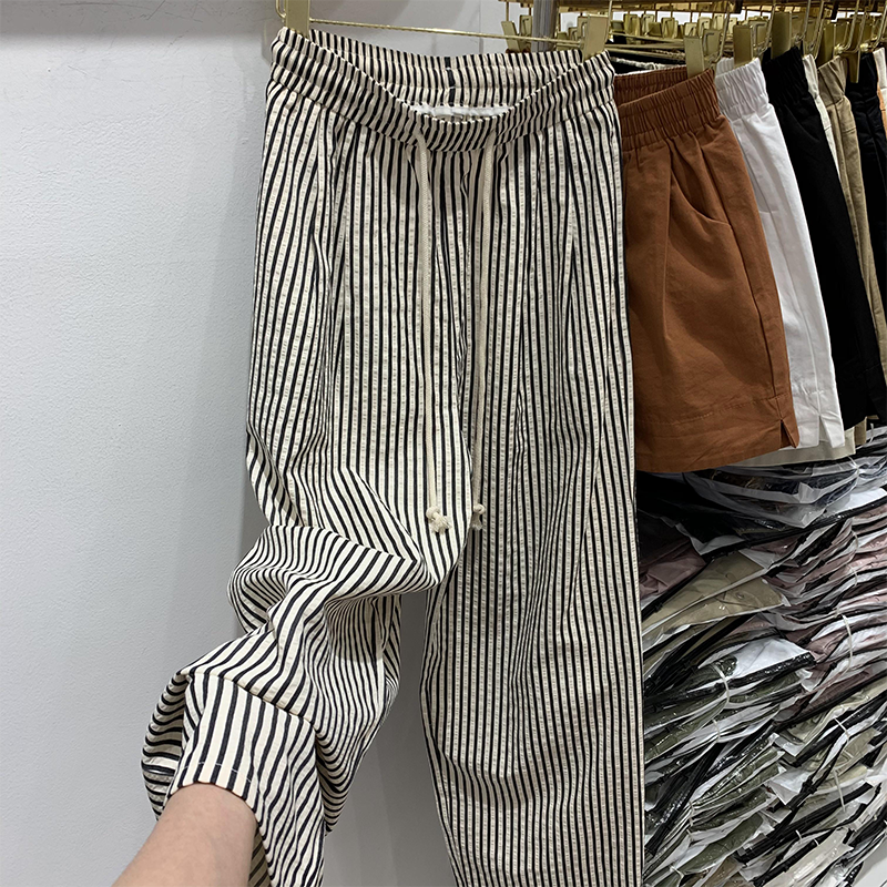 レディースワイドパンツ ストライプ柄ゴムウエストレディースワイドパンツ