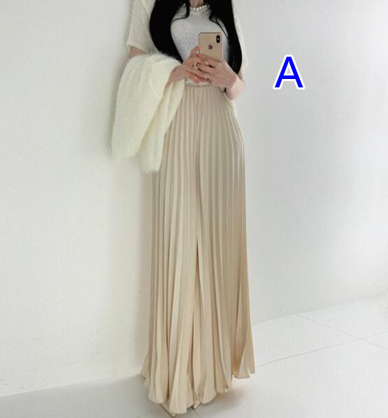 レディースワイドパンツ 女性用プリーツワイドパンツ ベージュ ロング丈スカートパンツ