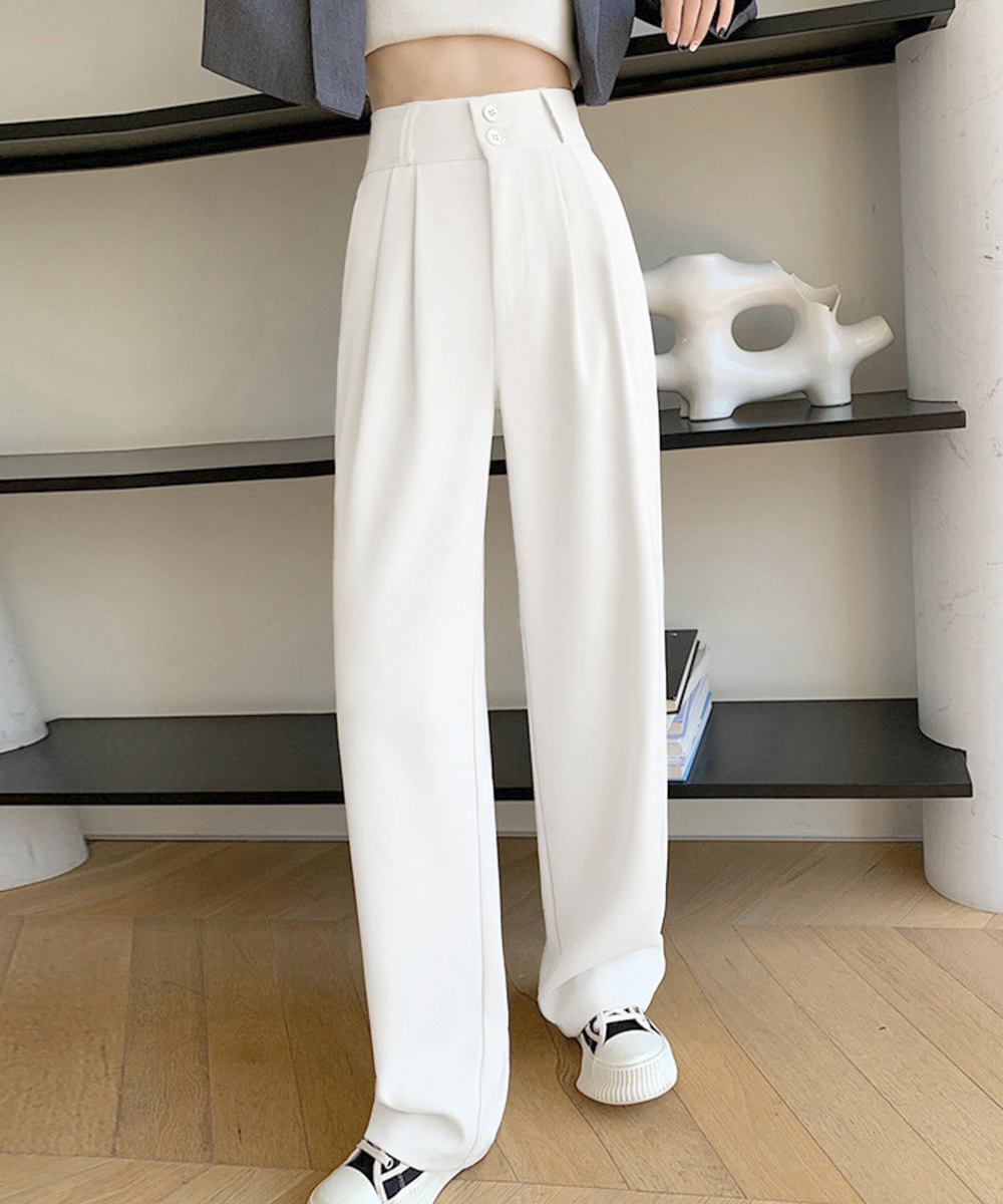 レディースワイドパンツ ハイウエスト タックワイドパンツ ダブルボタン