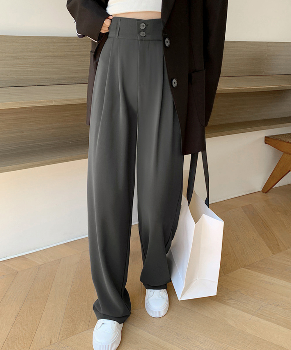 レディースワイドパンツ ハイウエスト タックワイドパンツ ダブルボタン