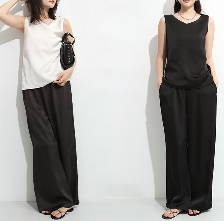 レディースワイドパンツ 上品サテン調ワイドパンツ ゴムウエスト楽ちんその他